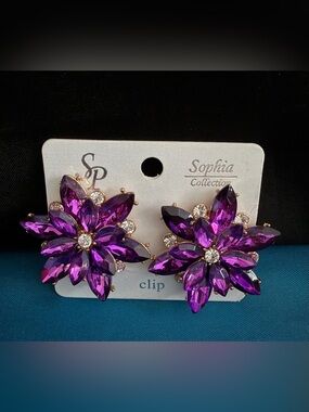 Sophia Collection Purple Crystal Flower Clip-On Earrings